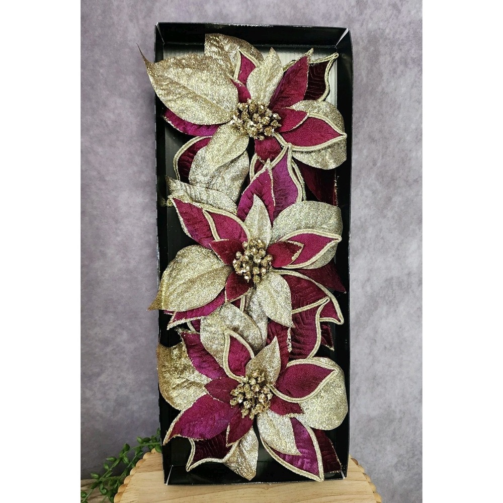 Purple Rose Gold Glitter Flower Ornaments Clip‎ On Tree Decor 7" Christmas 3 Pc